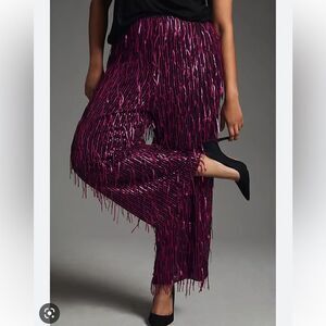 NWT Anthropologie Maeve Fringed Sequined Wide-Leg Pants Plum 8P